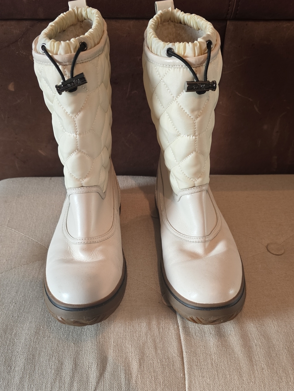 Coach Cream Quilted Drawcord Winter Boots